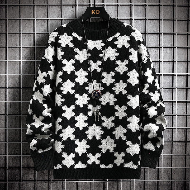 Men's Loose Casual Sweater with Jacquard Puzzle Design
