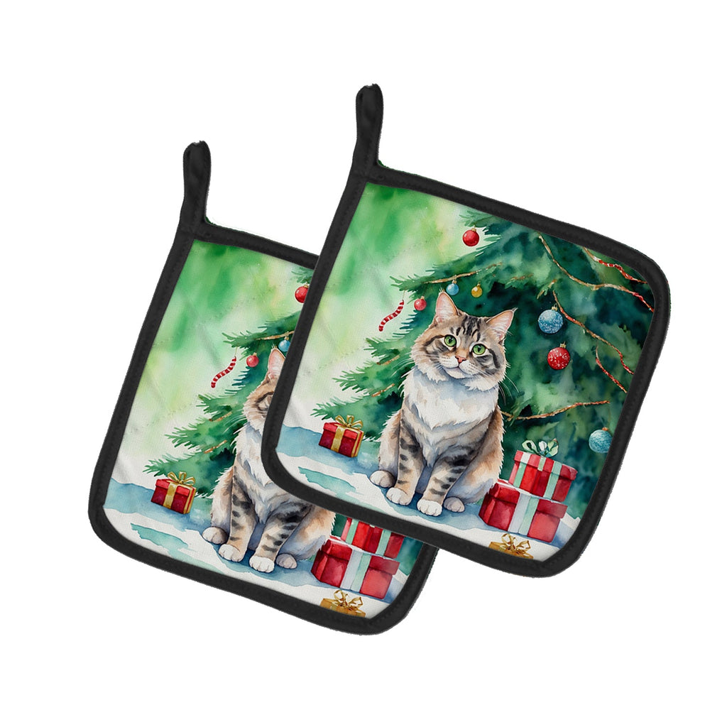 Kurilian Bobtail Cat By the Christmas Tree Pair of Pot Holders