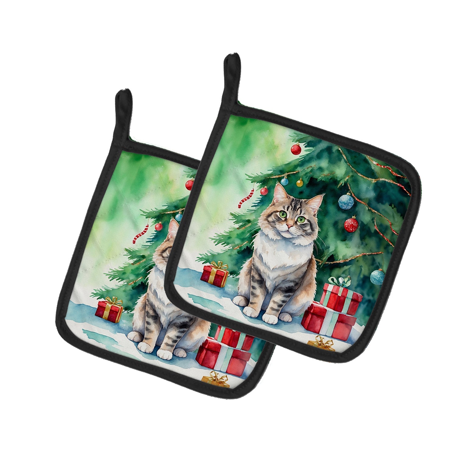 Kurilian Bobtail Cat By the Christmas Tree Pair of Pot Holders
