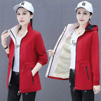 Hooded Mid-Length Velvet Windbreaker Jacket for Women
