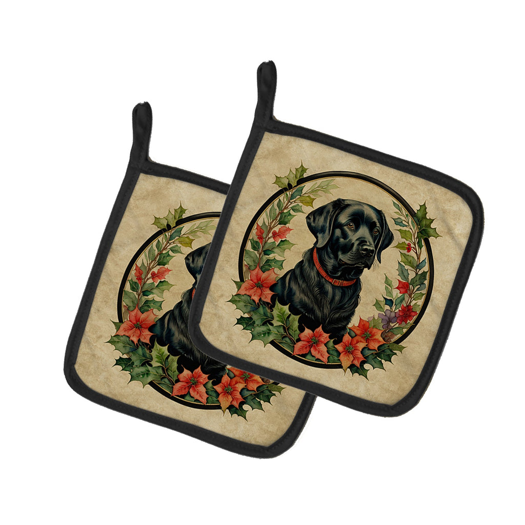 Labrador Retriever Christmas Flowers Pair of Pot Holders