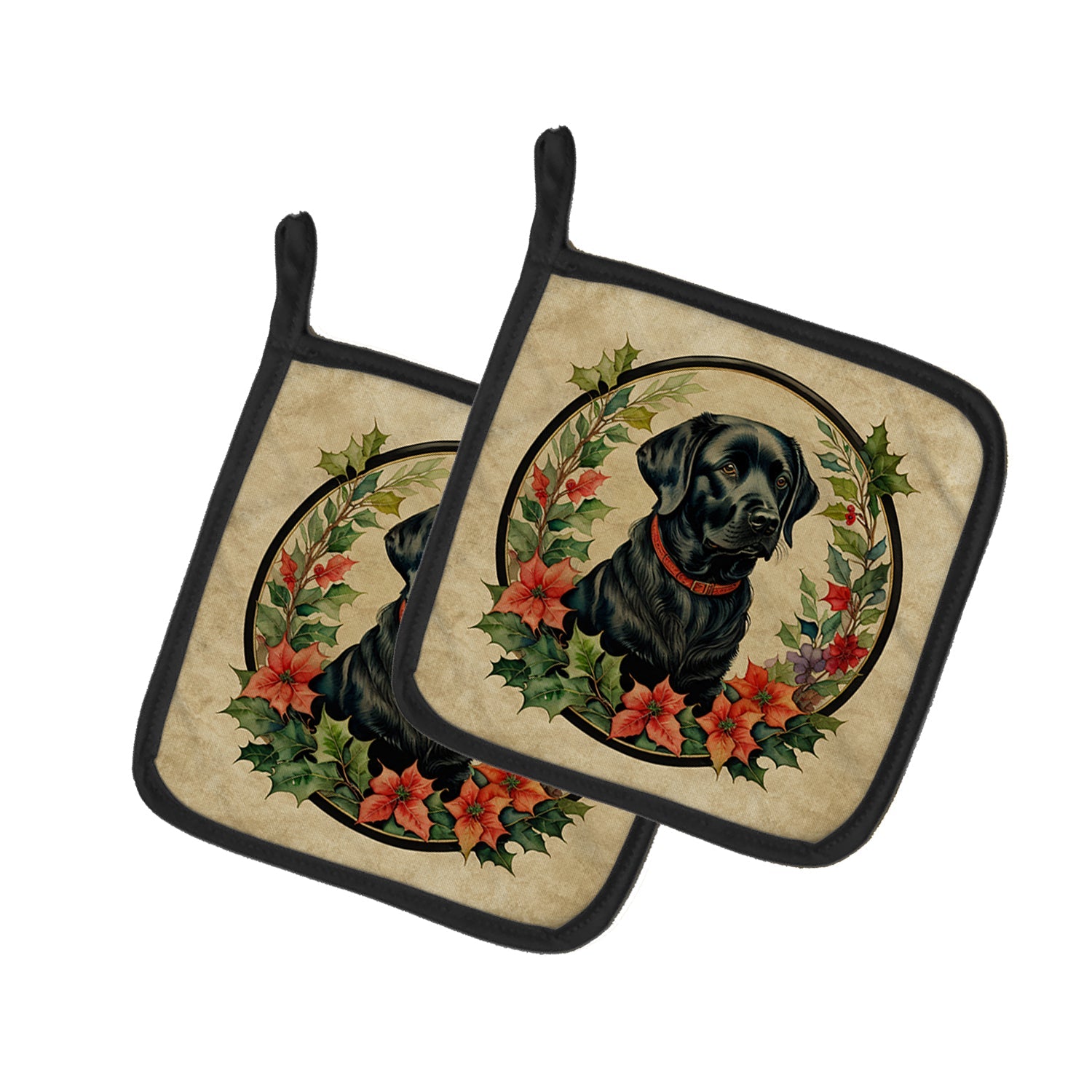 Labrador Retriever Christmas Flowers Pair of Pot Holders