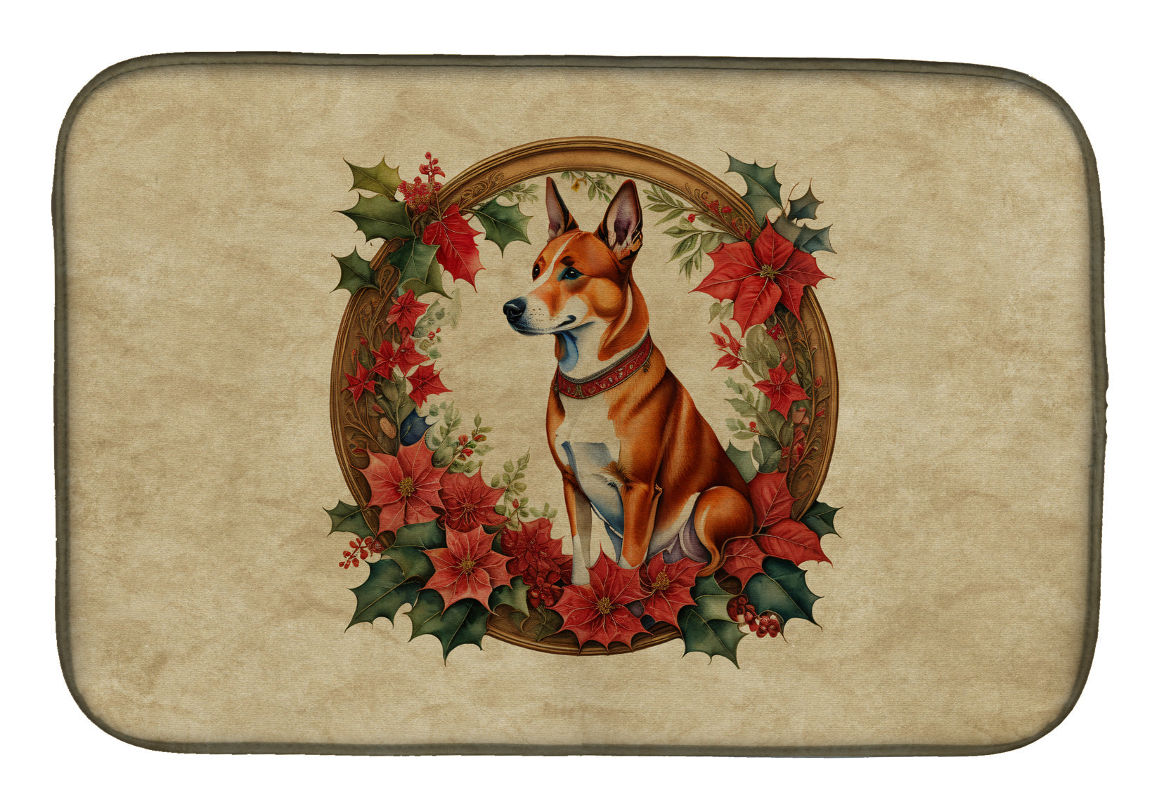 Basenji Christmas Flowers Dish Drying Mat