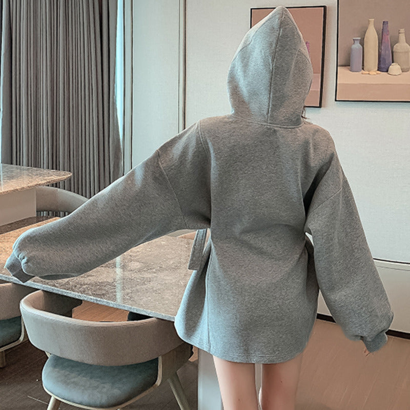 Women's Velvet Puff Sleeve Hooded Sweatshirt with Belt | Streetwear