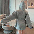 Women's Velvet Puff Sleeve Hooded Sweatshirt with Belt | Streetwear