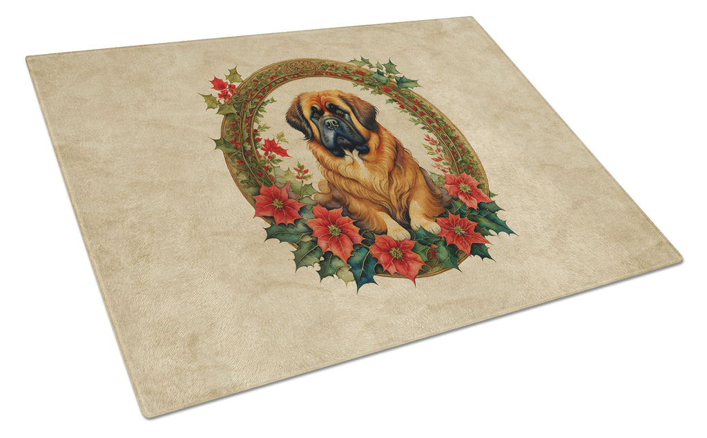 Tibetan Mastiff Christmas Flowers Glass Cutting Board