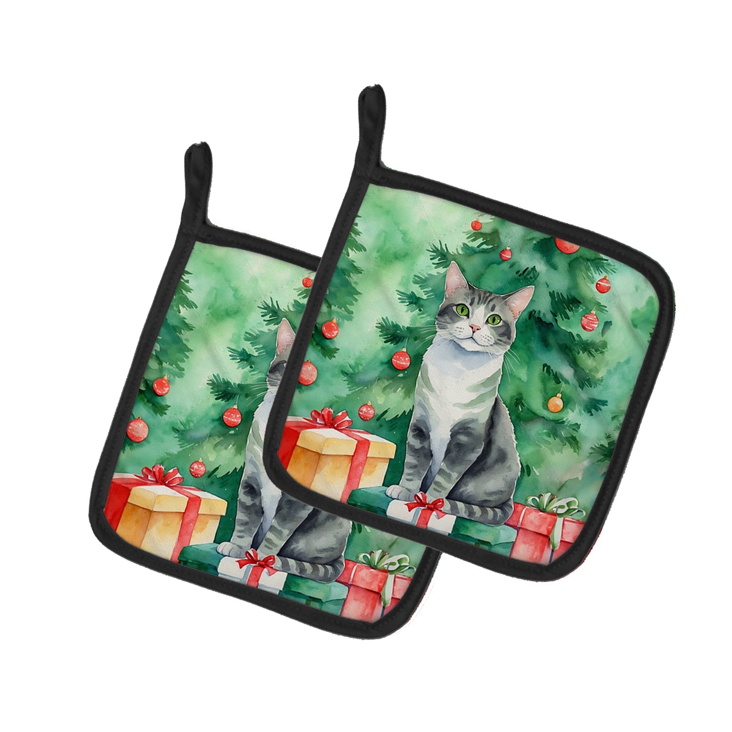 Ural Rex Cat By the Christmas Tree Pair of Pot Holders