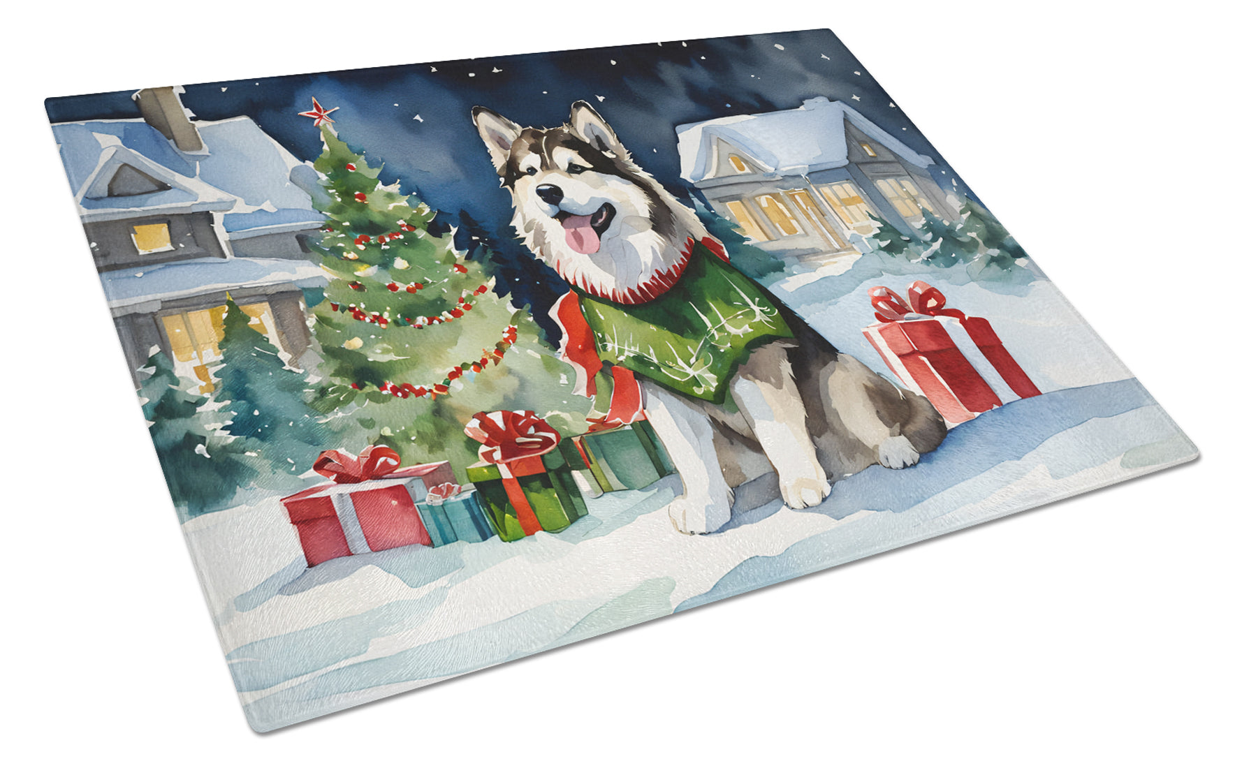 Alaskan Malamute Cozy Christmas Glass Cutting Board