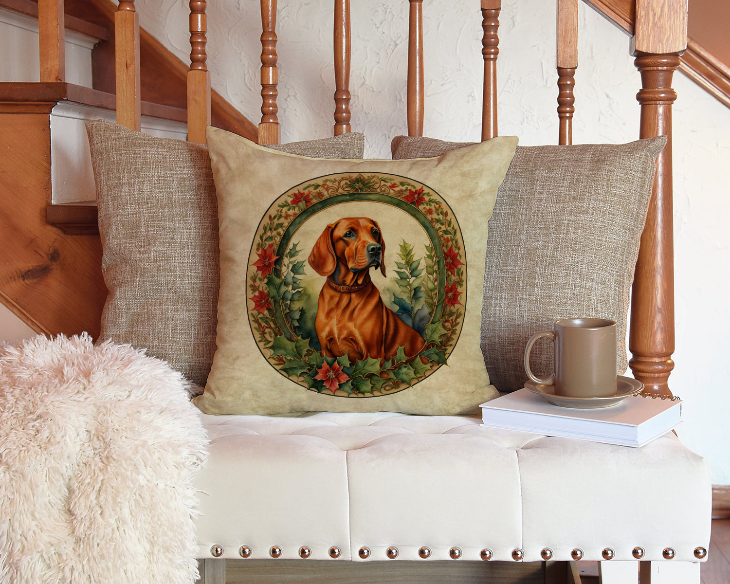 Red Redbone Coonhound Christmas Flowers Throw Pillow