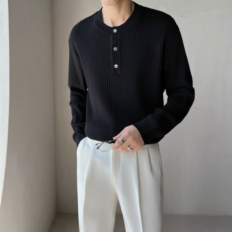 Men's Retro Buckle Round Neck Casual Sweater