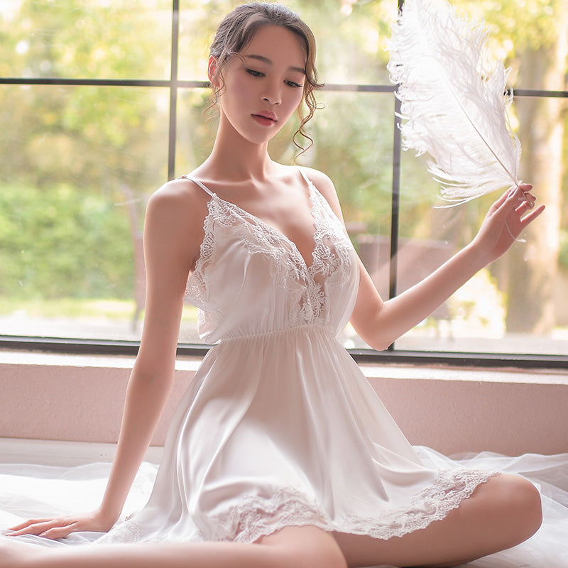 Lace Satin Nightgown with Spaghetti Straps