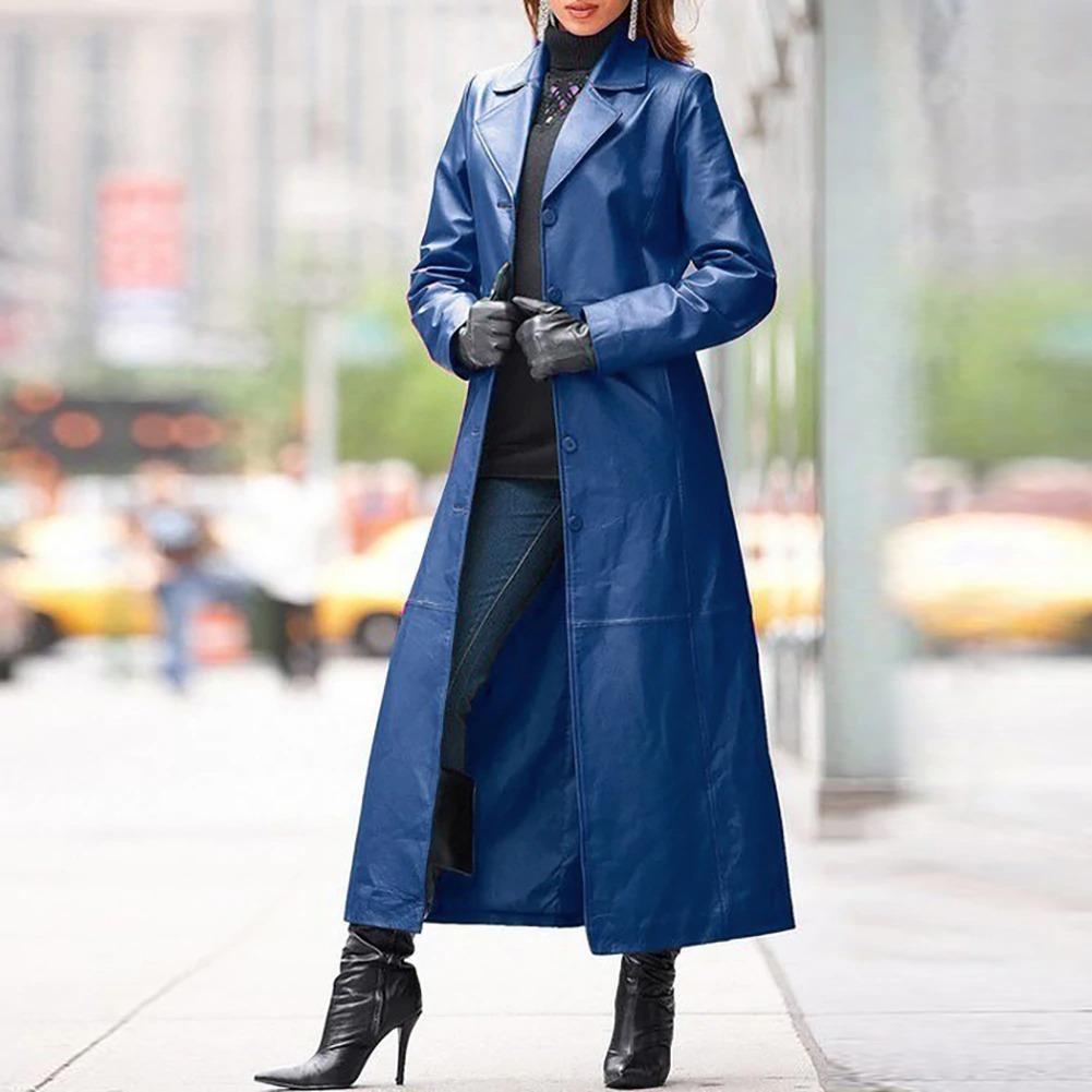 Women's Long Leather Coat - European and American Style