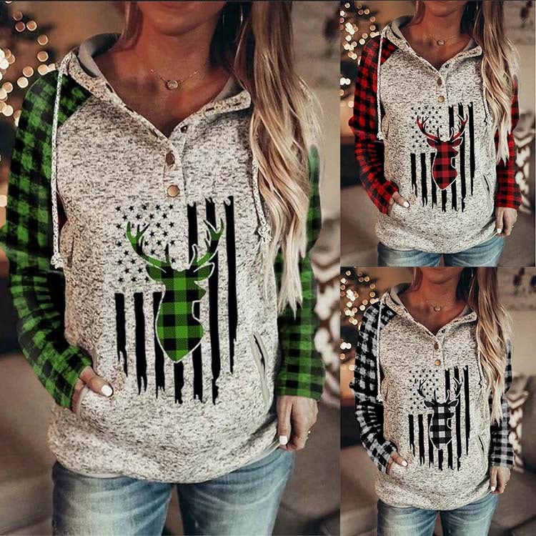 Hooded Plaid Printed Loose Fleece Long-sleeved Sweater