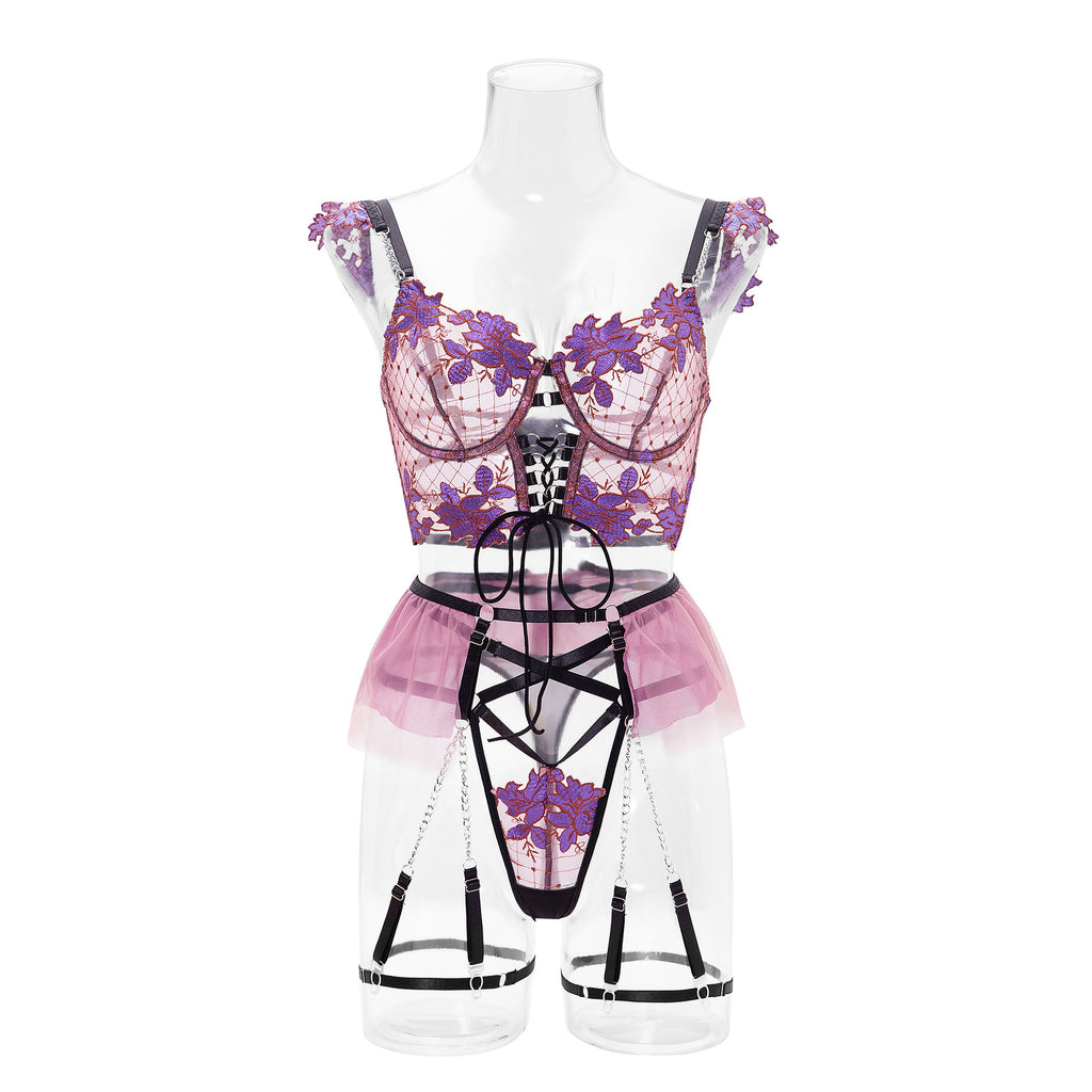Floral Embroidery Lingerie Set with Chain Cami Top