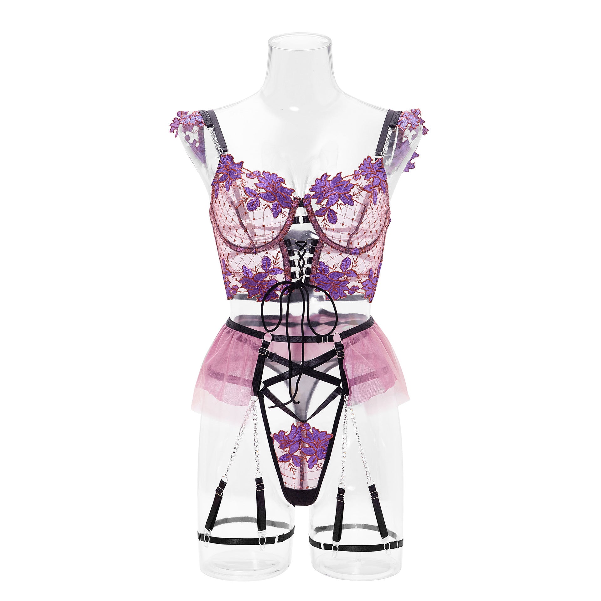 Floral Embroidery Lingerie Set with Chain Cami Top