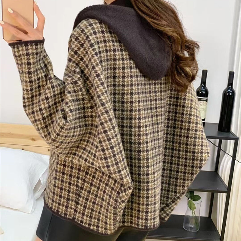 Vintage Plaid Hooded Women's Sweater Jacket Cardigan