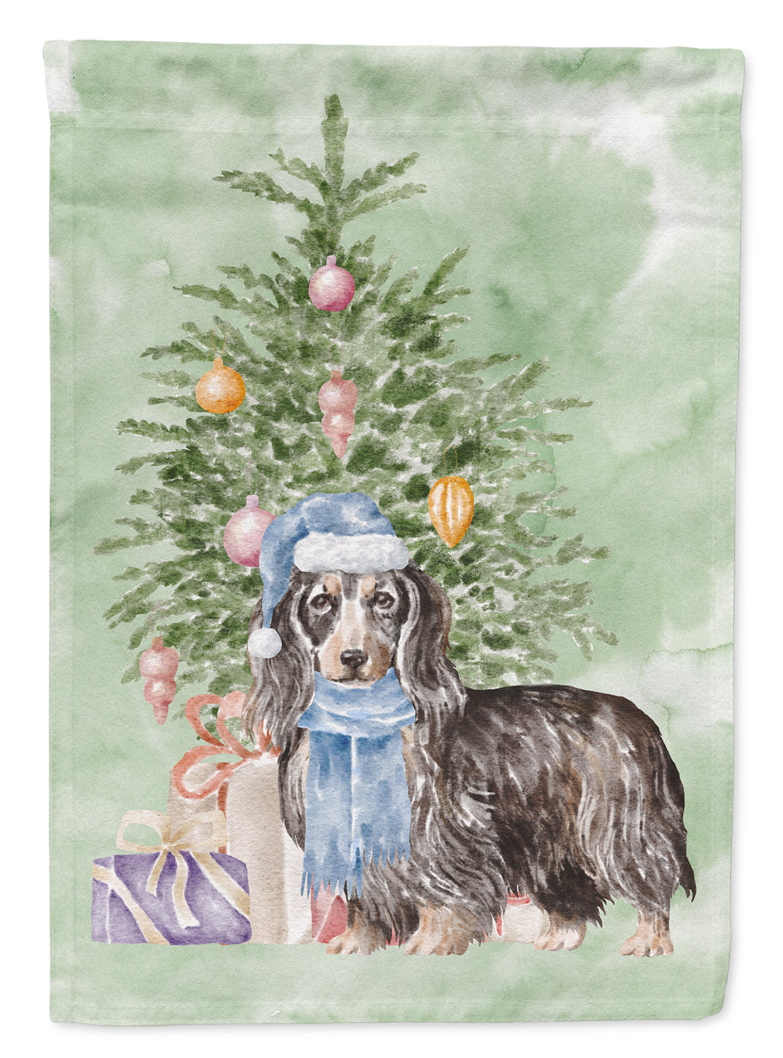Dachshund Longhair Black Tan Christmas Presents and Tree Garden Flag