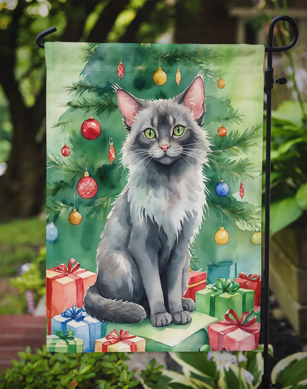 Lykoi Cat By the Christmas Tree Garden Flag