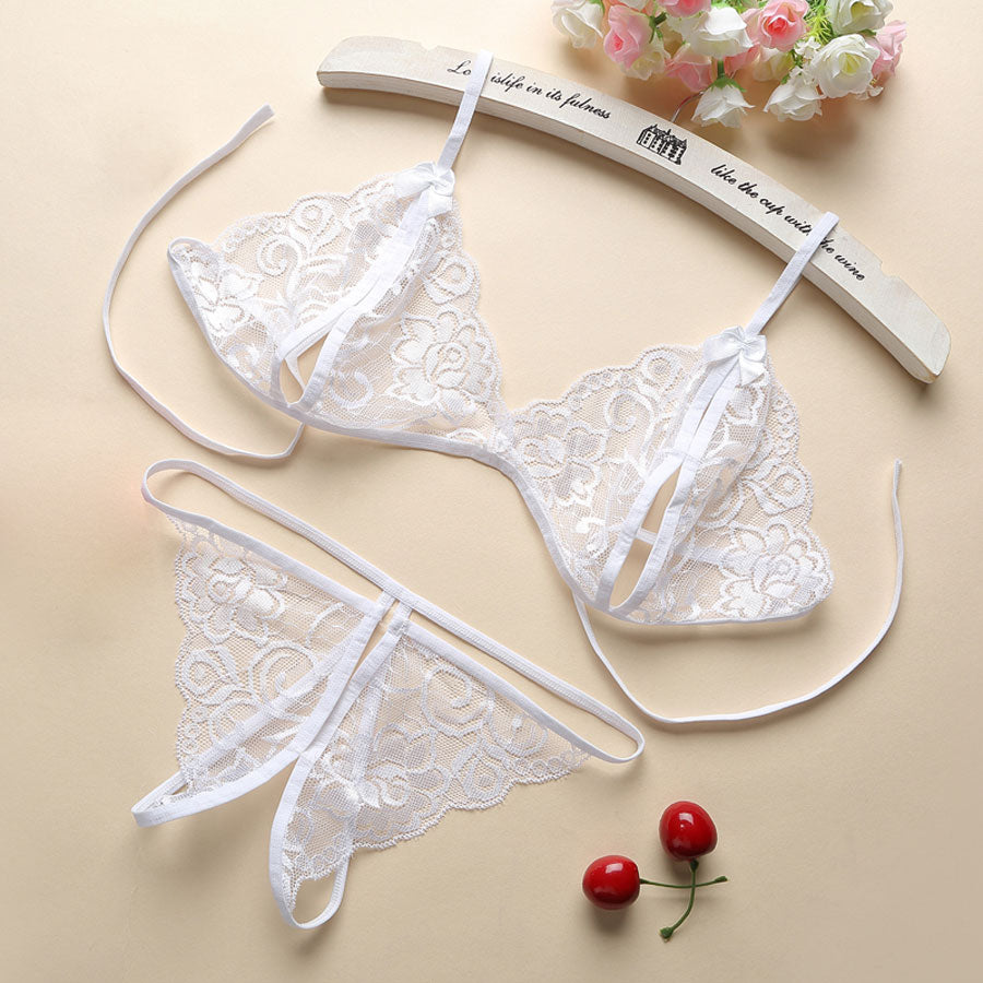 Lace Three-Piece Open-Crotch Lingerie Set