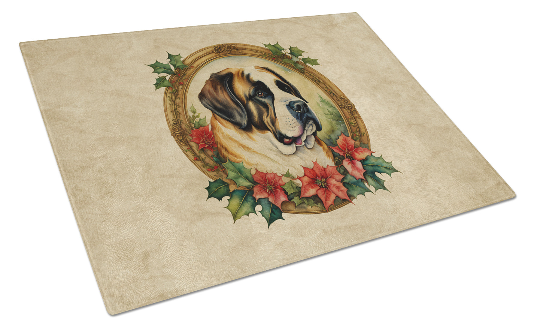 Saint Bernard Christmas Flowers Glass Cutting Board
