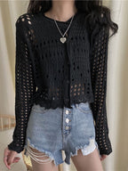 Hollow Ice Silk Long-sleeved Knitted Cardigan for Women
