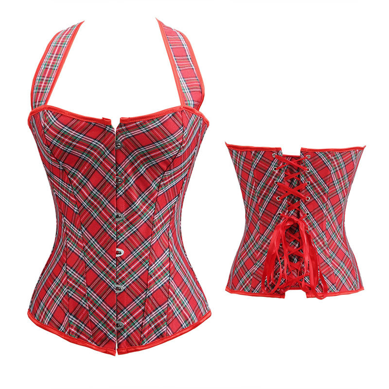 Plaid Gothic Corset Top with Halter Neck Plus Size