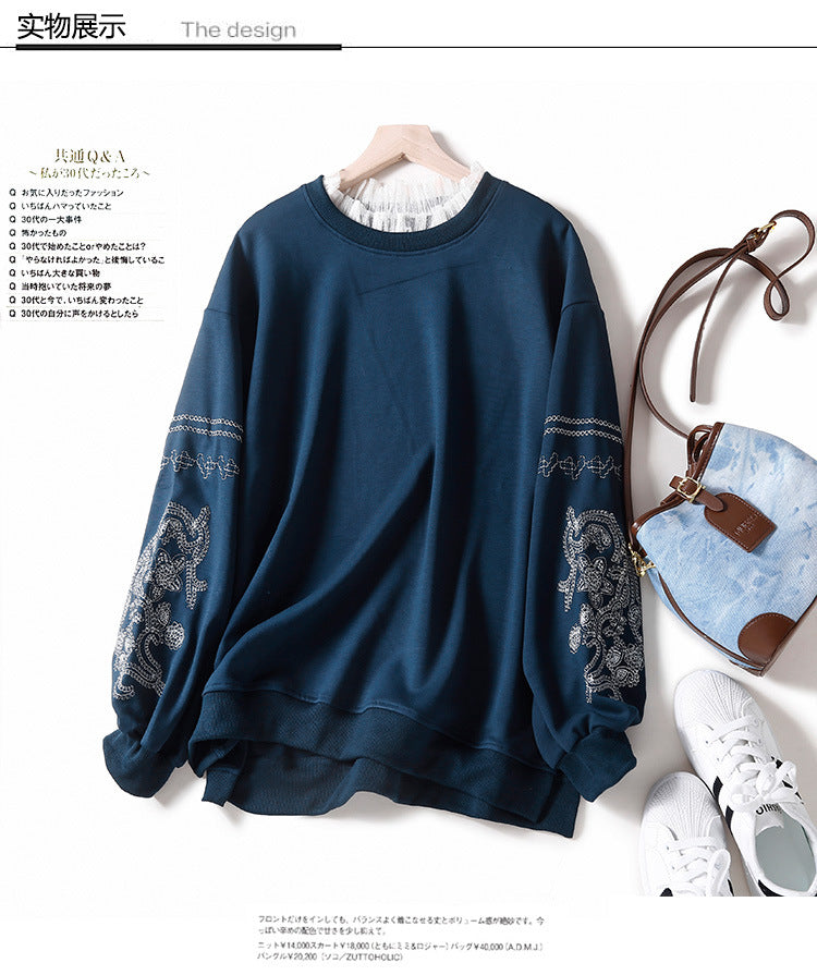 Lace Stitch Embroidered Crew Neck Sweater for Women