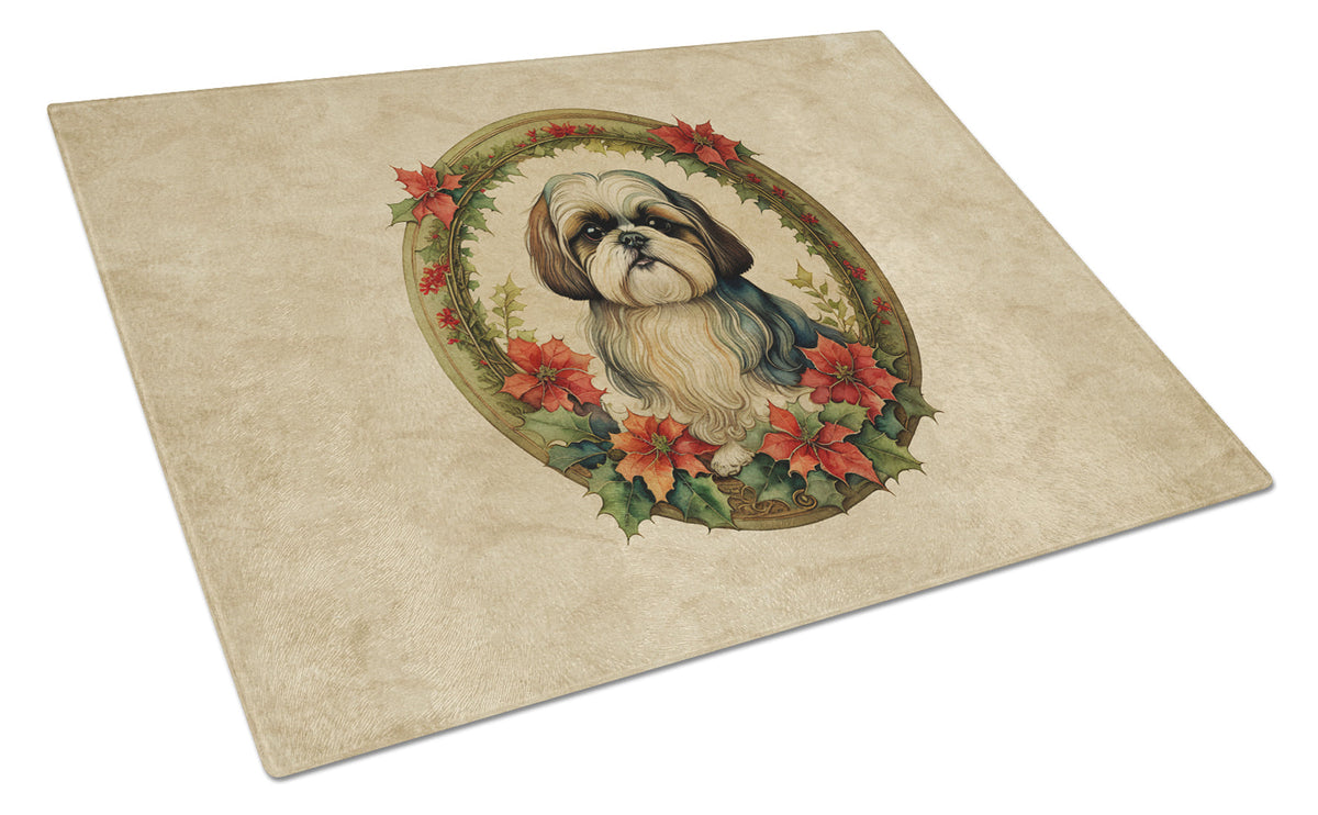 Shih Tzu Christmas Flowers Glass Cutting Board