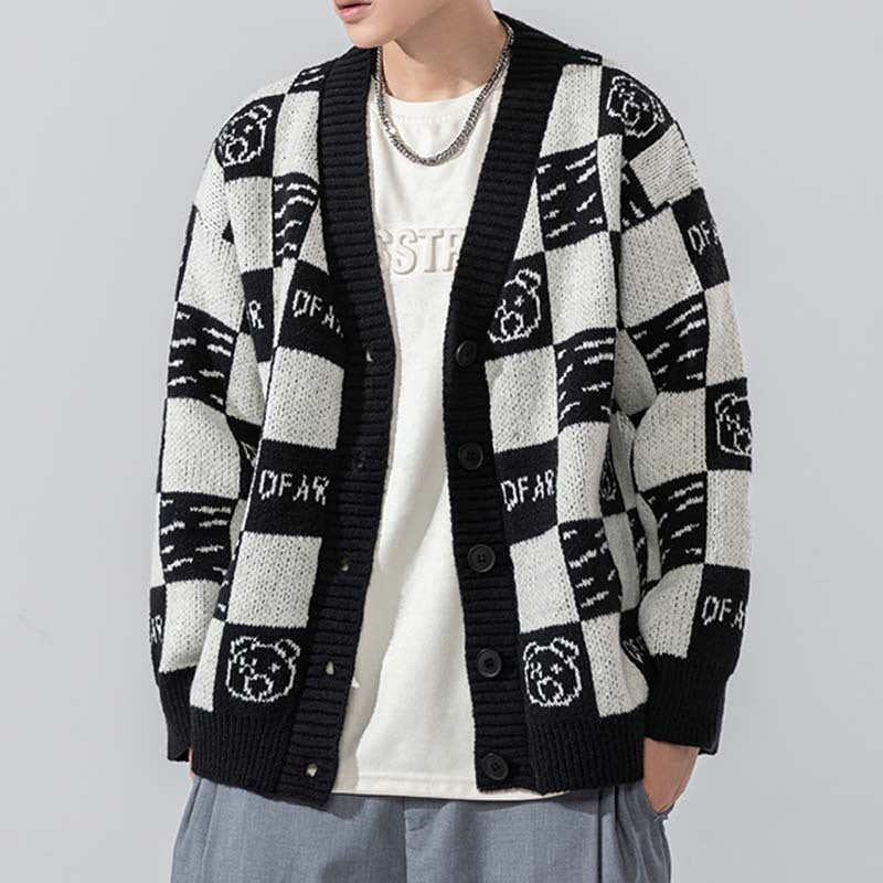 Men's Plaid Knitted Cardigan Sweater - Loose Fit Coat
