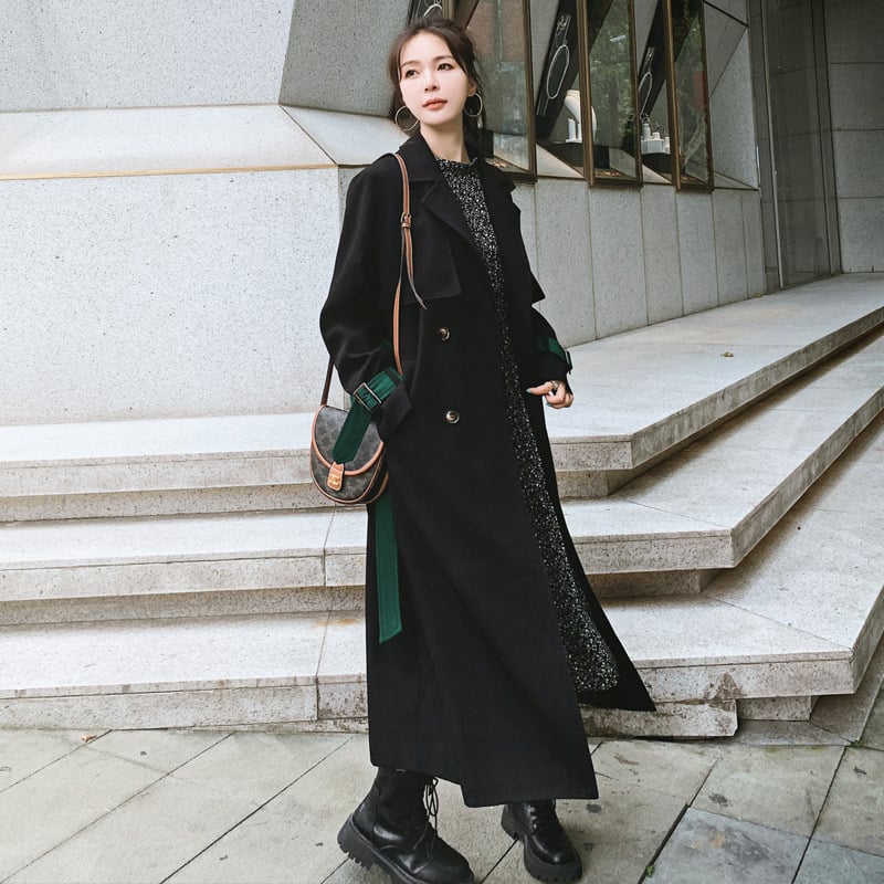 Women's Black Double Breasted Color Block Windbreaker