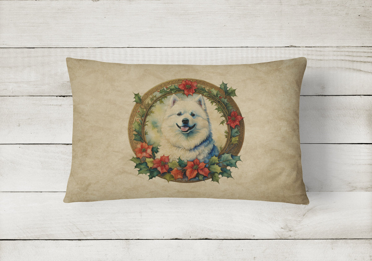 Samoyed Christmas Flowers Throw Pillow