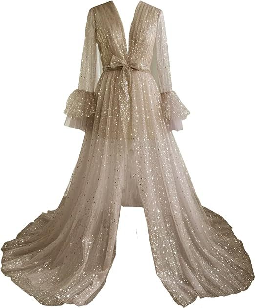 "Long Wedding Robe for Brides with Sheer Lingerie"