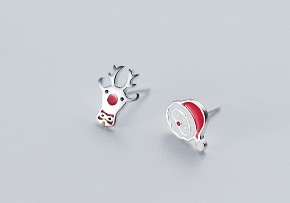 Silver Christmas Earrings - Santa and Reindeer Design