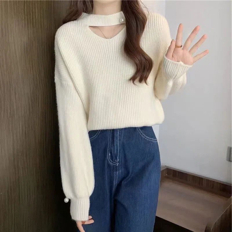 Korean Women's Hollowed-Out Collarbone Knit Sweater
