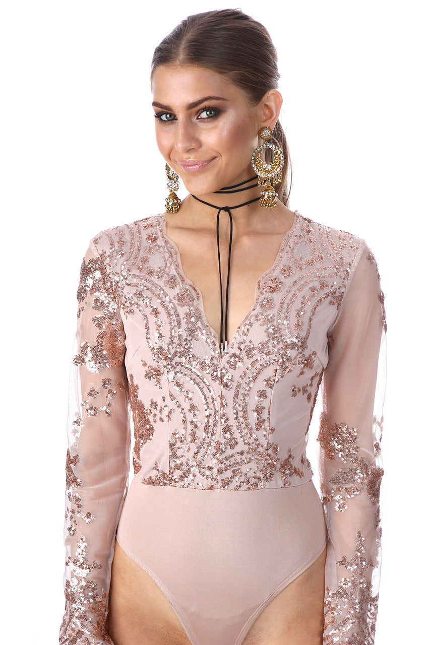 Symmetrical Sequin Long Sleeve V-Neck Bodysuit