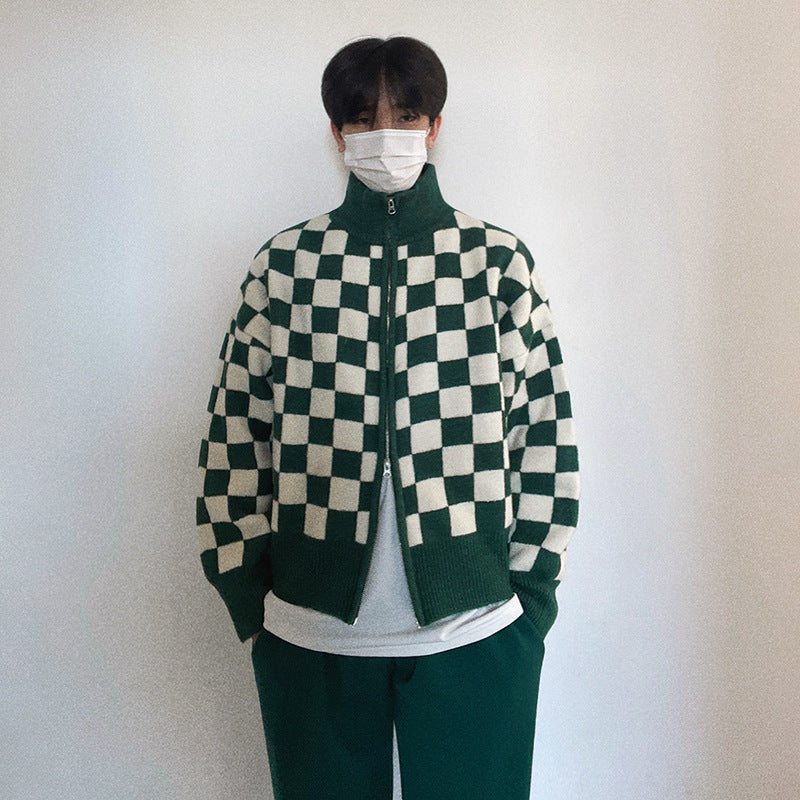 Men's Loose Checkerboard Sweater with Stand Collar