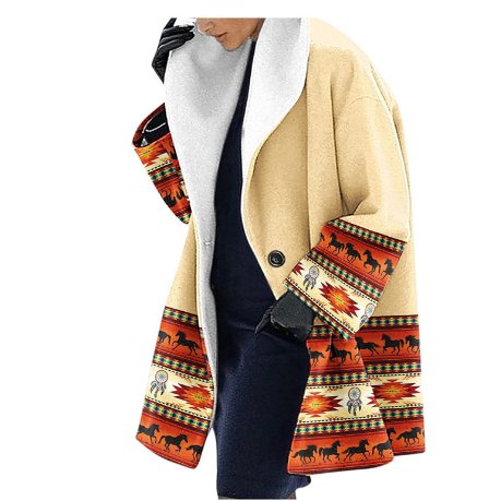Thick Woolen Print Hooded Loose Medium Coat
