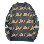 Loose Fit Rabbit Carrot Print Crew Neck Knit Sweater