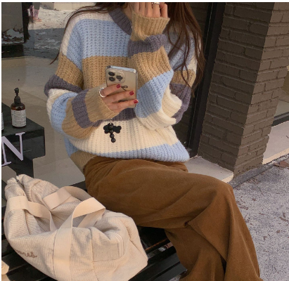 Irregular Color-block Crew Neck Sweater
