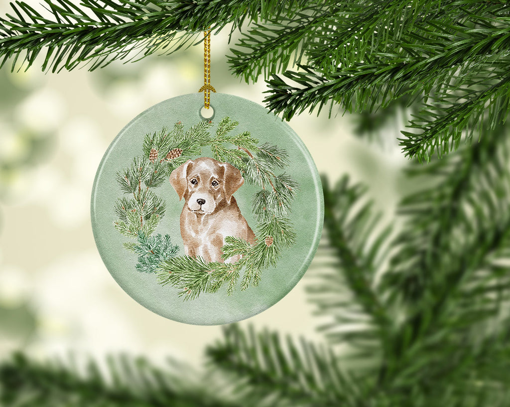 Labrador Retriever Puppy Yellow Christmas Wreath Ceramic Ornament