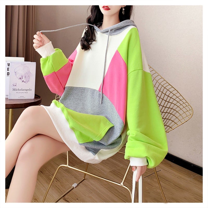 Women's Color Block Hooded Long Sleeve Sweater