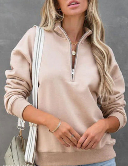 Solid Color Women's Zip Lapel Long Sleeve Sweater