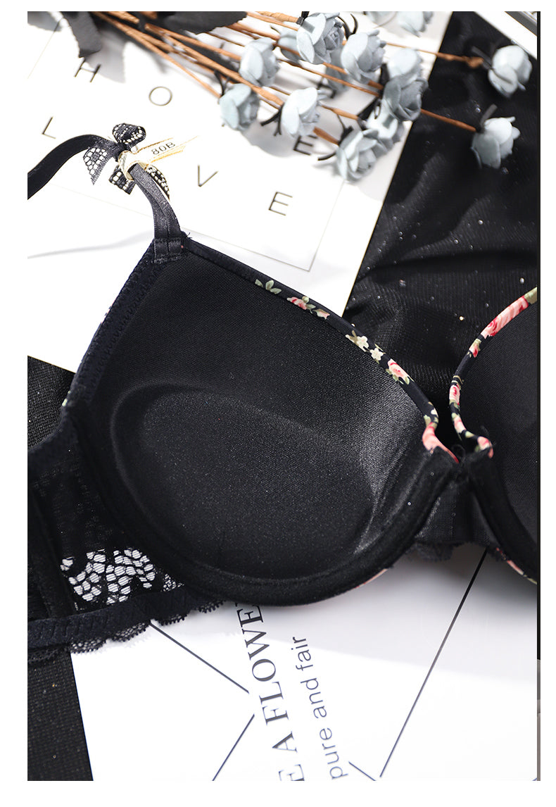 French Lace Edge Floral Print Bra Set for Women