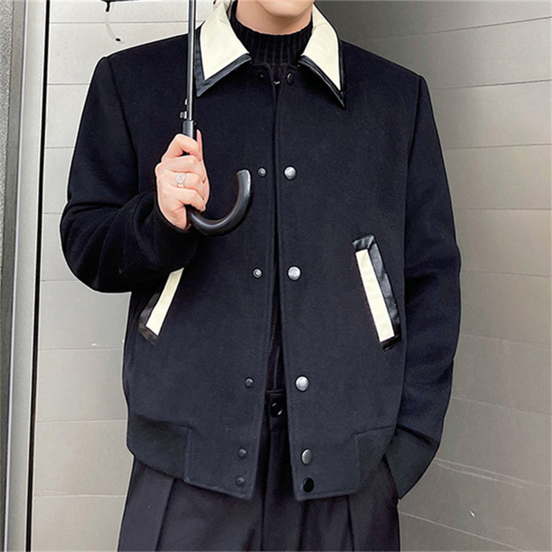 Men's Wool Jacket with Contrast Leather Lapel