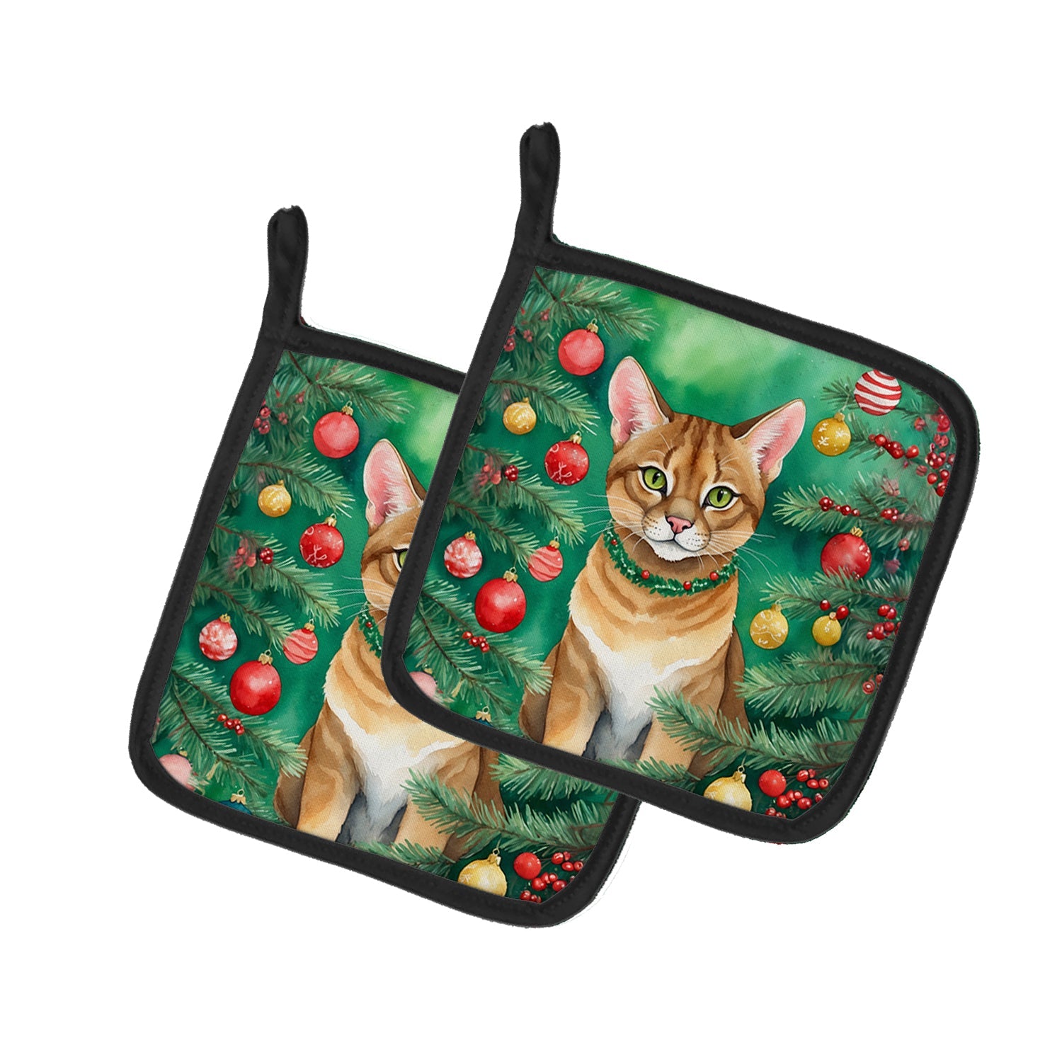 Chausie Cat By the Christmas Tree Pair of Pot Holders