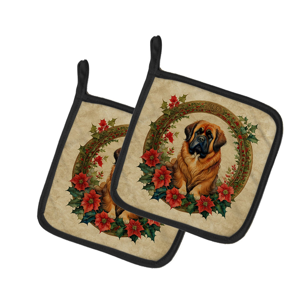 Tibetan Mastiff Christmas Flowers Pair of Pot Holders
