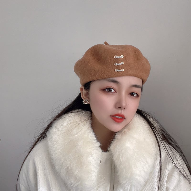 Japanese Rhinestone Wool Beret Hat for Women | Embroidered Cap