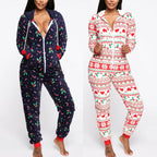 2020 Christmas Print Hooded Jumpsuit for Home Wear