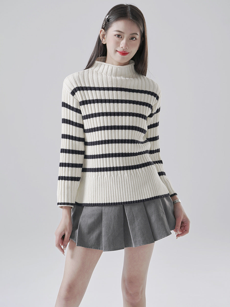 Striped Half Turtleneck Knitted Sweater for Women