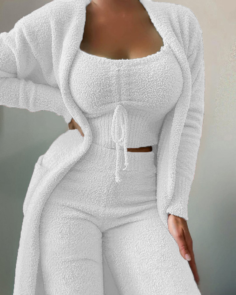 Plush Lace-up Cardigan 3-Piece Pantsuit